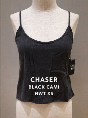 Chaser Black Cami Tank Top XS NWT Satin Look Adjustable Strap Hi Lo Crop Top